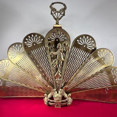 Antique Solid Brass Peacock Fireplace Screen w/ Goddess & Lion Motif 