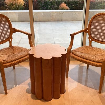 Scalloped Table and 2 Cane Back Chairs