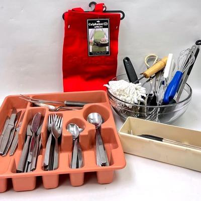 “Calphalon” Red Apron & Kitchen Utensils 