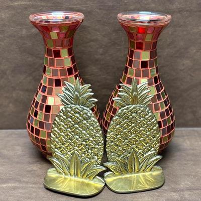 Mosaic Flower Vases and Pineapple Bookends 
