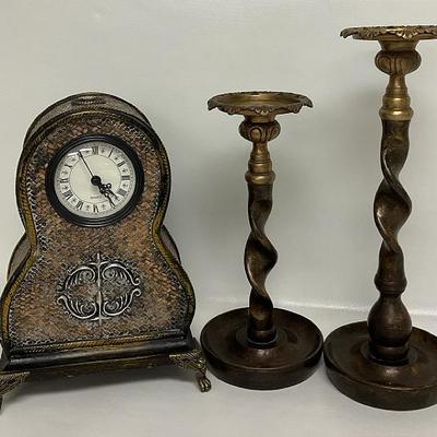 “Quartz” Clock & Brass Candlestick Holders