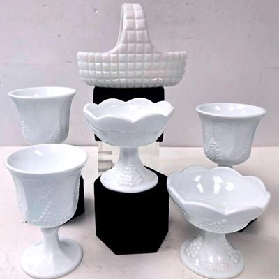 "Smith" Milk Glass Basket & Other Milk Glass Pieces