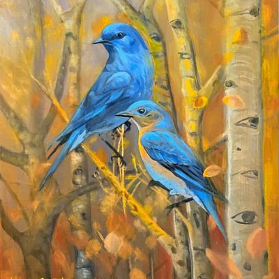 Mountain Bluebirds 11" x 14" Oil Painting on Panel, Reserve Price $400