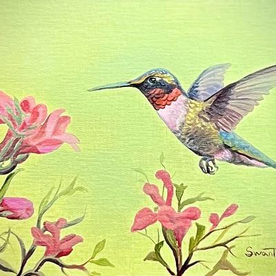 Ruby-Throated Hummingbird on Red Sage 8" x 10" Oil Painting on Panel, Reserve Price $130