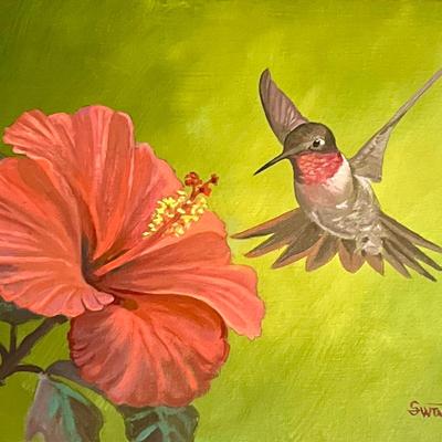 Ruby-Throated Hummingbird on Hibiscus 8" x 10" Oil Painting on Panel, Reserve Price $130