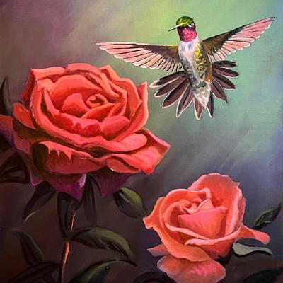 Ruby-Throated Hummingbird on Roses 11" x 14" Oil Painting on Panel - Reserve Price $130