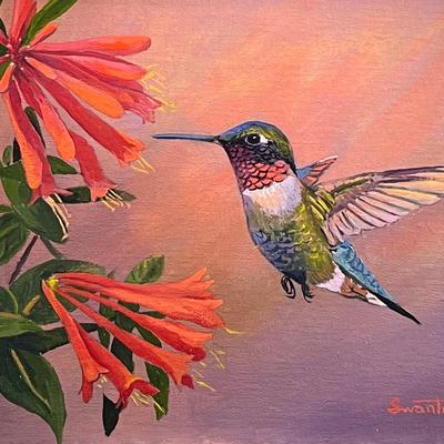 "Ruby-Throated Hummingbird on Coral Honeysuckle" Oil Painting on Panel, 8" x 10" Reserve Price $130