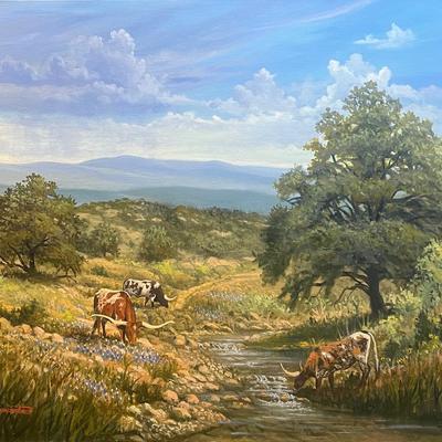 Grazing Longhorns 20" x 24" Oil Painting on Canvas, Reserve Price $2000