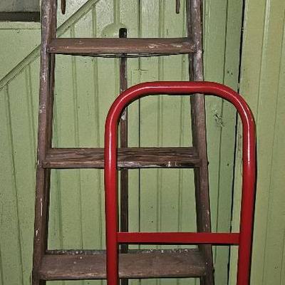 68" Wooden Ladder And Red Dolly