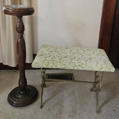 Wrought Iron Padded Stool & Wooden Ashtray Holder
