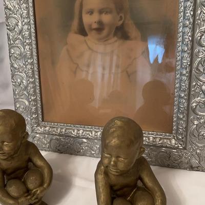 Vintage Framed Child Portrait & Figurines 