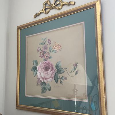 Framed Floral Painting & Decorative Metal Topper