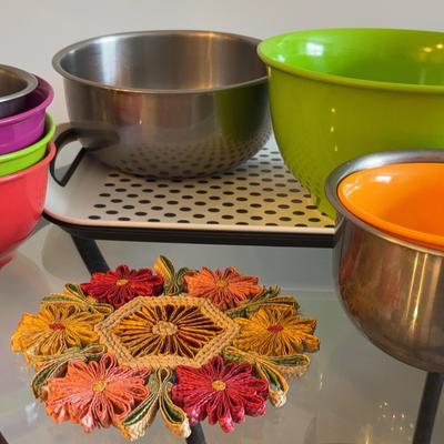 Assortment of Colorful Mixing Bowls & More