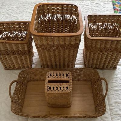 Collection of 3 Wicker Style Baskets, Tray & Tissue Box Decor