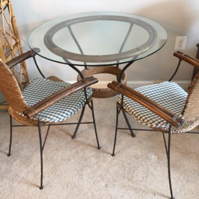 Round Glass-Top Rattan & Metal Table & Chair Set