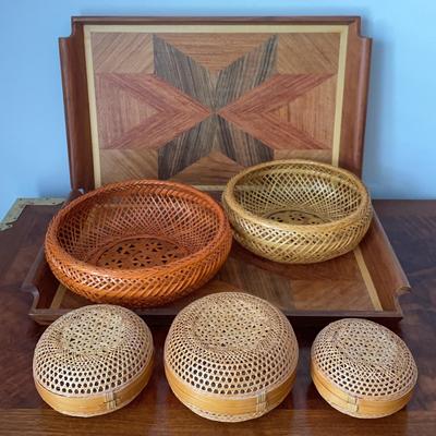 2 Inlayed Wood Trays and Various Wicker Storage Containers