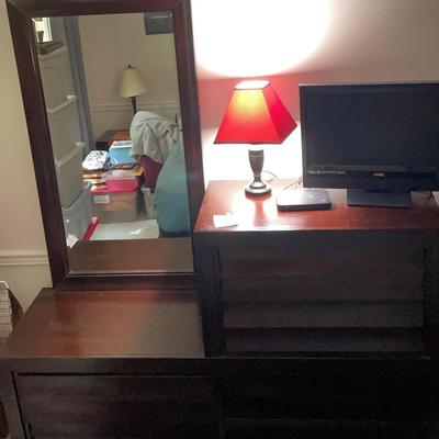 Dark Wood Dresser with Attached Mirror
