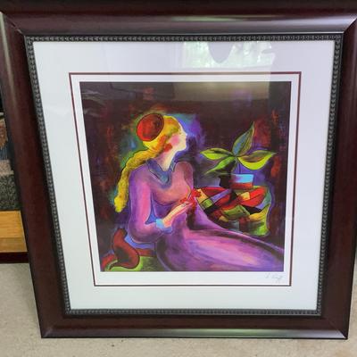Colorful Print of Lady & Cat Signed & Framed
