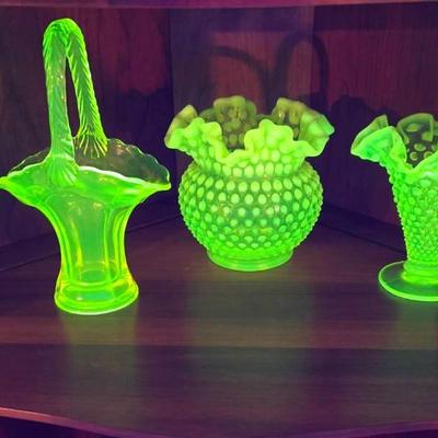 5 Pc Vintage Vaseline Glass Ruffled Hobnail Vases, Baskets 
