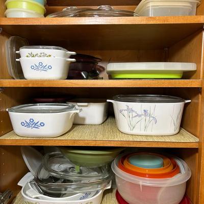 Kitchen Cabinet Lot - Corning Ware, Tupperware, More