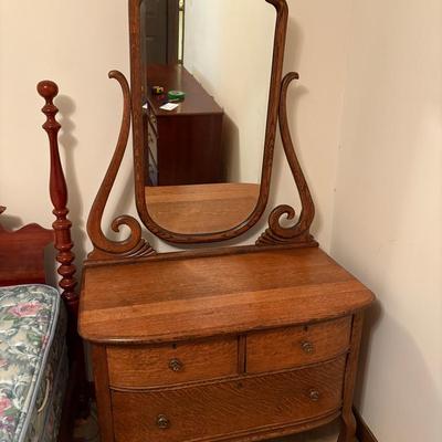 Antique Oak Low Boy Dresser W/Mirror