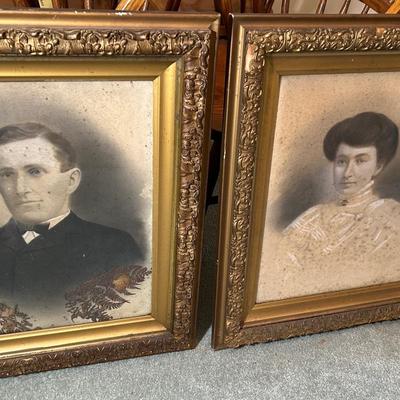 Pair Of Vintage Portraits In Matching Wooden Gold Gesso Frames 