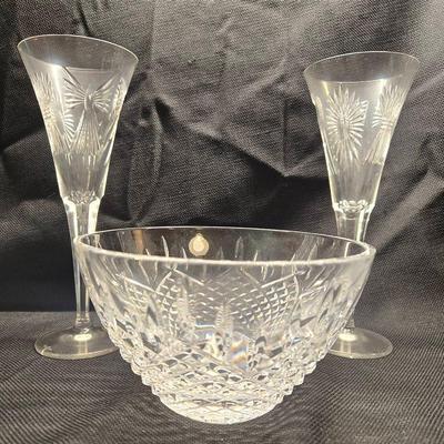 Waterford Crystal 2 Flute Glasses & 1 Bowl Dish