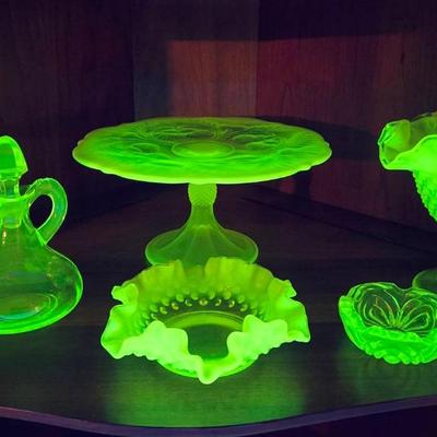 7 Pc Vintage Vaseline Glass: Ruffled Hobnail, Cake Plate
