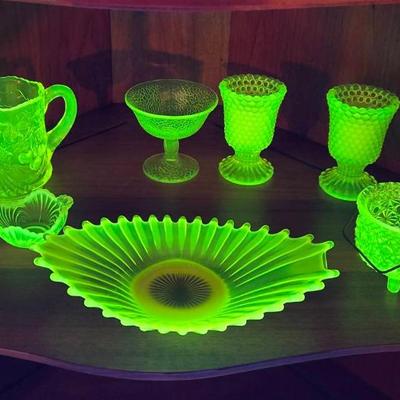 10 Pc Vintage Vaseline Glass; Mod Dish, Candle Holders +