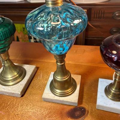 3 Vintage Glass, Brass And Marble Lamps - Blue, Green And Cranberry 
