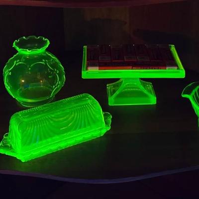 5 Pc Vintage Vaseline Glass; Clark's Gum Dish, Butter Dish, Juicer