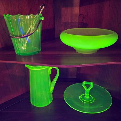 4 Pc Vintage Vaseline Glass; Pitcher, Ice Bucket +