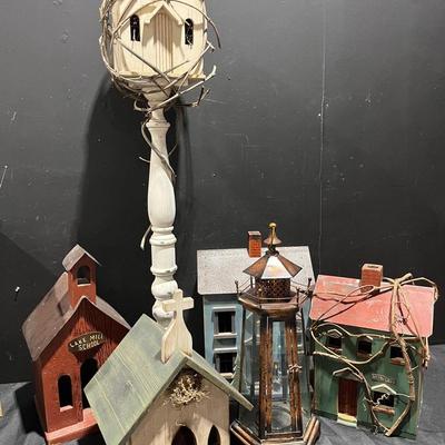 Handmade Wood, Tin, Twig, Post Birdhouses Plus Lighthouse Lantern