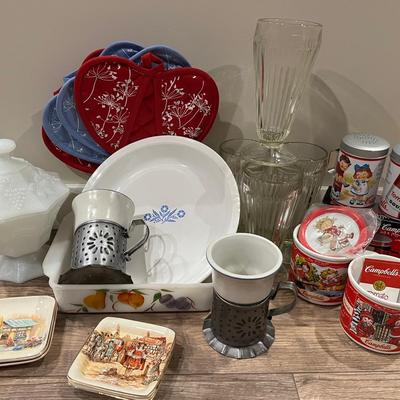 Platzgraff Yorktown Tinsmith Punched Holder Cups, Fire King Casserole, Libbey Glasses, Corning Ware+