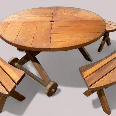 Outdoor Wooden Table & 4 Round Benches 