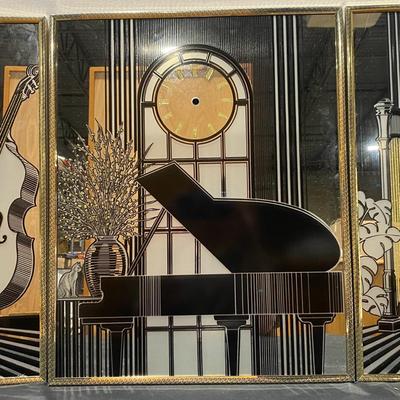 Vintage Art Deco Three Paneled Mirror Clock Featuring Piano, Harp, & Double Bass 