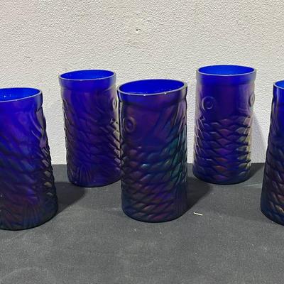 John Cook Cobalt Blue Art, Glass Iridescent, Koi Fish Tumblers