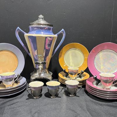 Vintage 1920’s ‘30’s Royal Rochester Percolator, Fraunfelter Teacups And Germany Plates