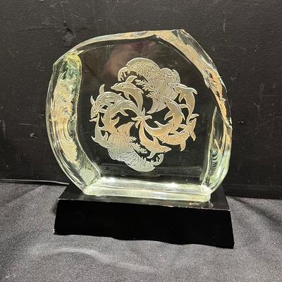 Signed Acrylic Lucite Dolphin Plaque With Lit Base
