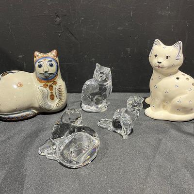 Vintage Tonala Folk Art Pottery Cat, Baccarat France Cats Plus More