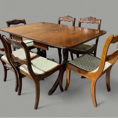 Vintage mahogany Drop leaf Clawfoot Dining Table W/ Hand Carved Chairs 