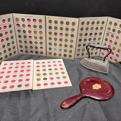 Indian And Lincoln Penny Coin Albums Plus Mirror And Sad Iron