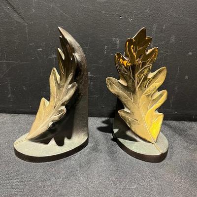 Vintage Cast Brass Oak Leaf Bookends