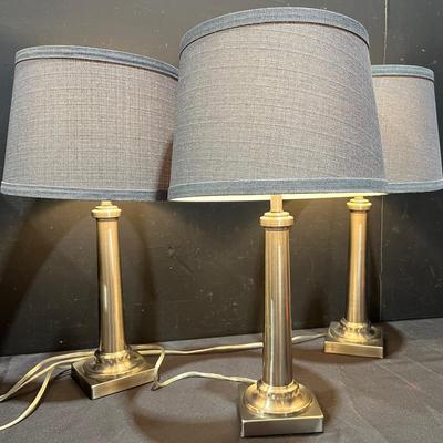 3 Brushed Silver With Gray Fabric Shade Table Lamps