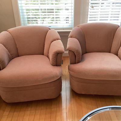 Pair Of Pink Plush Swivel Arm Chairs