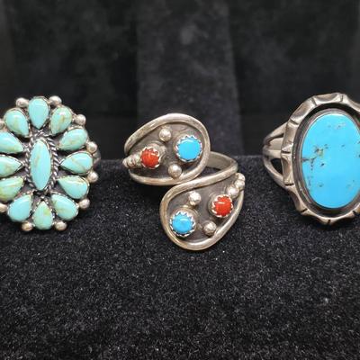 3 Sterling Silver & Turquoise Rings, Size 8.5-10