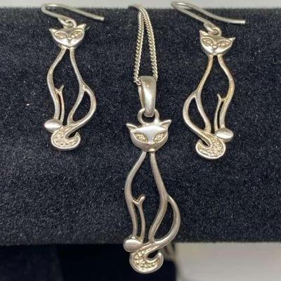 Sterling Silver Cat Earrings and Necklace