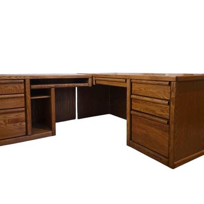 Large Oak L-Shaped Desk Set