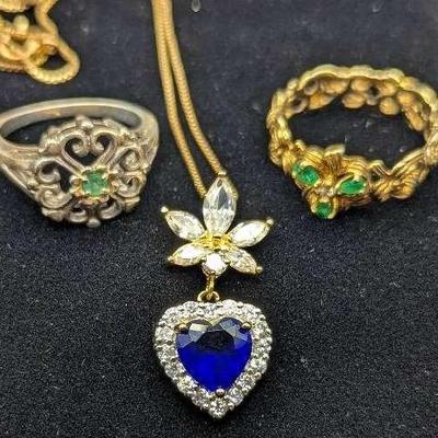 925 Sterling Silver Jeweled Necklace & 2 Rings