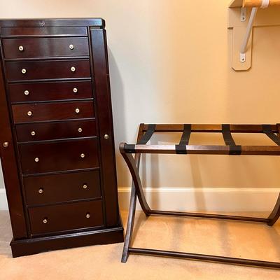 Freestanding Wooden Jewelry Armoire & Wooden Luggage Rack